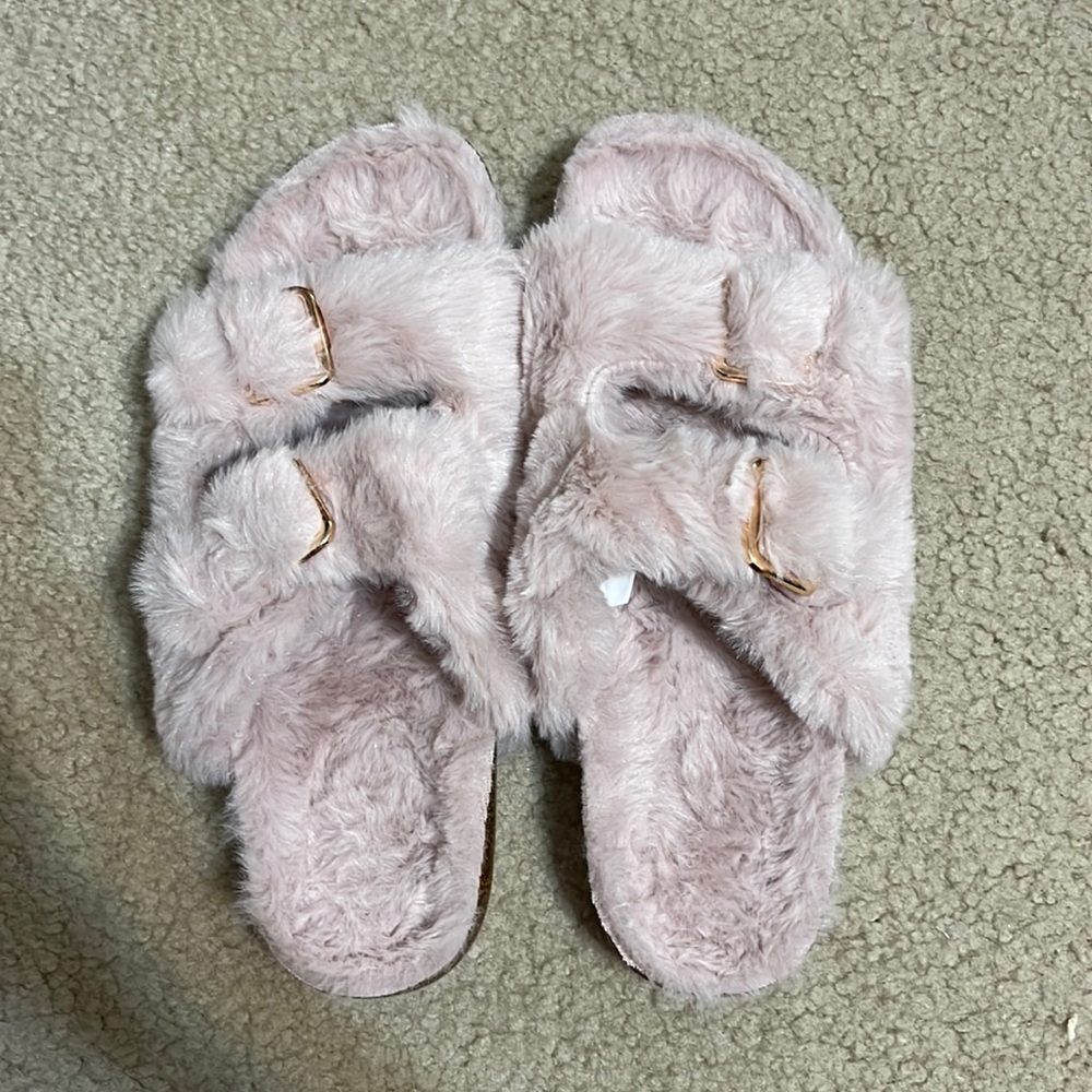 Pink furry off brand Birkenstock sandals